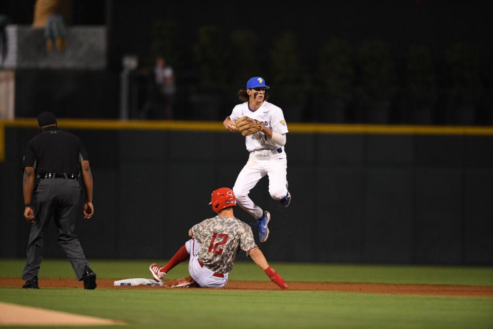 Junior infielder Austin Murr slides into second base against Pitt during the ACC Championship at Truist Field in Charlotte on Thursday, May 27, 2021.&#160;The Wolfpack beat the Panthers 3-2.
