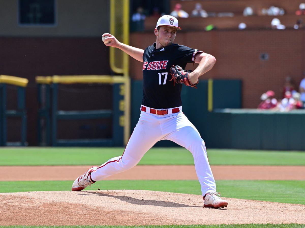 Freshman pitcher Sam Highfill throws a pitch during NC State's 6-5 win over Arkansas in Game two of the Fayetteville Super Regional. Highfill threw 6.1 innings, allowing just three runs on two hits in the win.