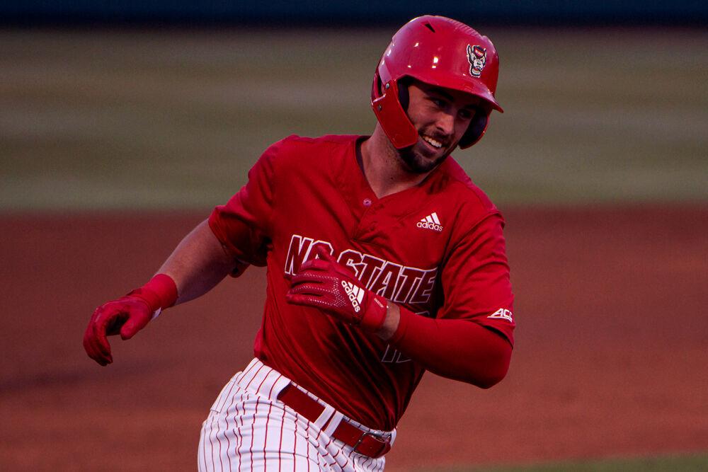 Junior infielder Austin Murr rounds the bases after hitting a home run against Virginia Tech on Friday, April 23, 2021 at Doak Field. Murr went 2-4 with a double as the Wolfpack won 3-1.