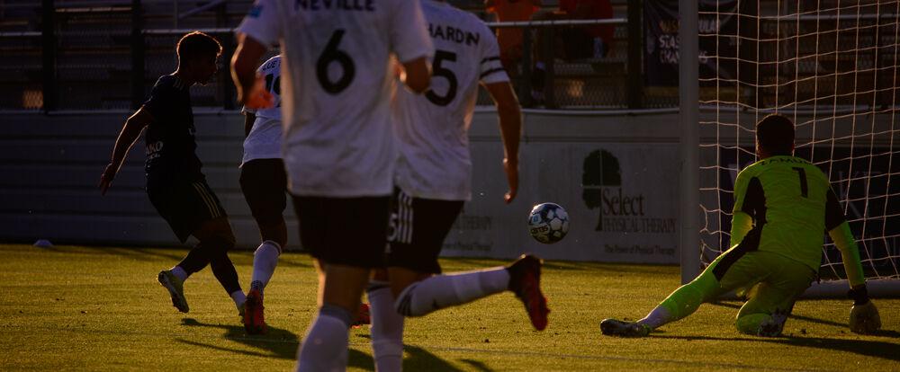 NCFC midfielder Selmir Miscic scores against Fort Lauderdale CF on Saturday, June 5, 2021 at WakeMed Soccer Park. NCFC lost 2-1.