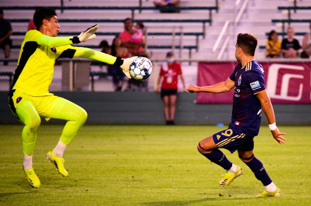 NCFC midfielder Selmir Miscic shoots against Fort Lauderdale CF on Saturday, June 5, 2021 at WakeMed Soccer Park. Miscic scored one goal as NCFC lost 2-1.