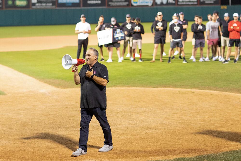 Baseball head coach Elliott Avent addresses fans who gathered on Friday, June 26, 2021 after the team's return from the College World Series at Doak Field at Dail Park.