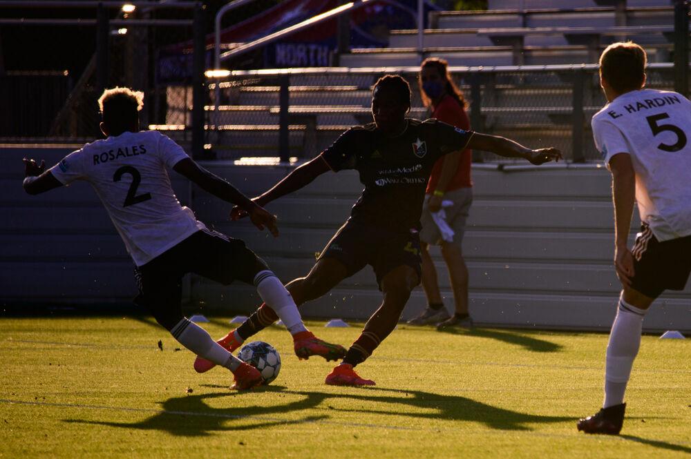 NCFC forward Thorn Simpson attacks the Fort Lauderdale CF defense on Saturday, June 5, 2021 at WakeMed Soccer Park. NCFC lost 2-1.