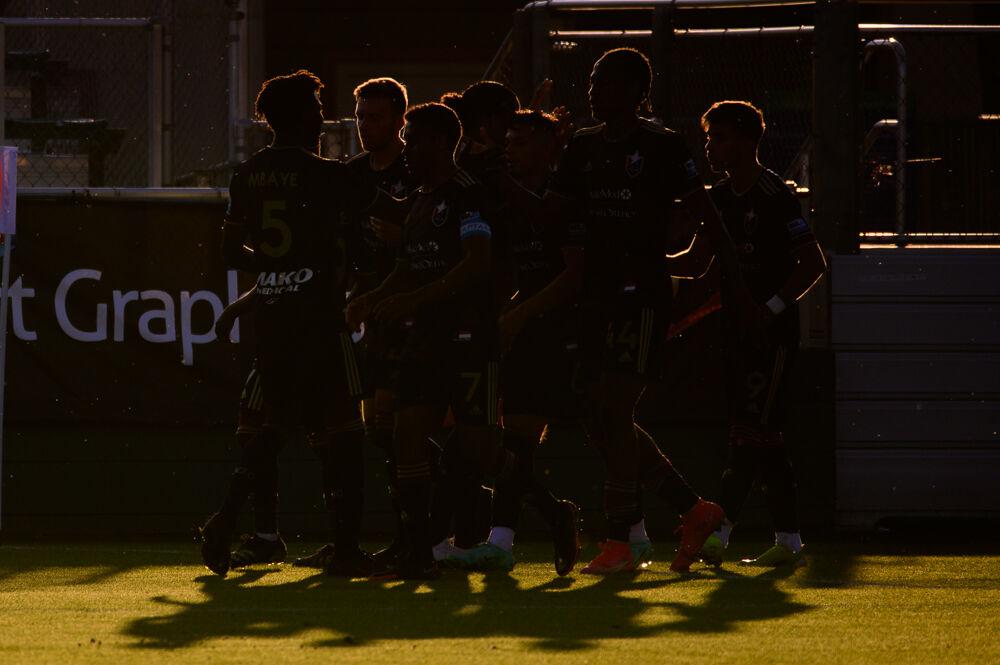 NCFC players celebrate midfielder Selmir Miscic&#8217;s goal against Fort Lauderdale CF on Saturday, June 5, 2021 at WakeMed Soccer Park. NCFC lost 2-1.