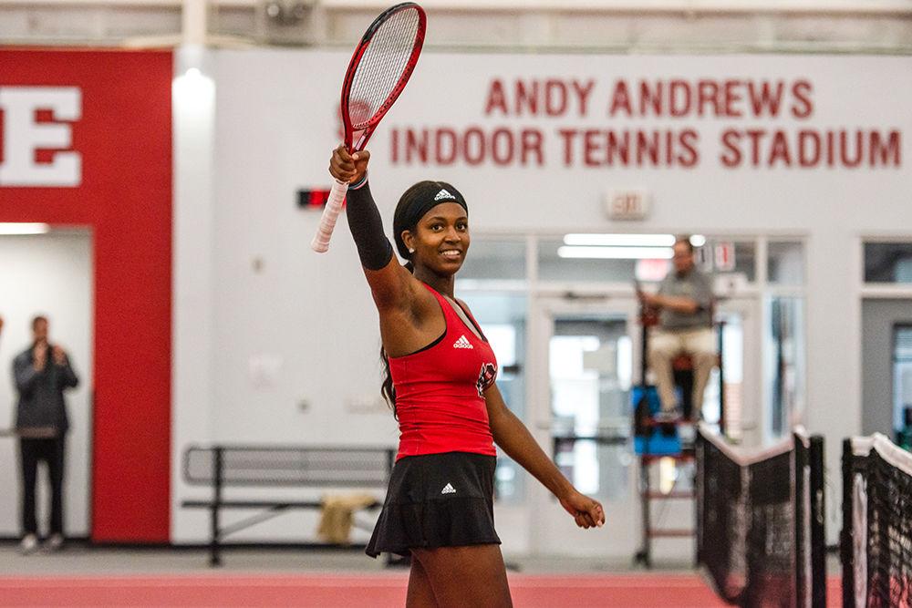 Sophomore Alana Smith celebrates her win in NC State's Women's Tennis match vs. USC on Saturday, Jan. 18 at J.W. Isenhour Tennis Center.
