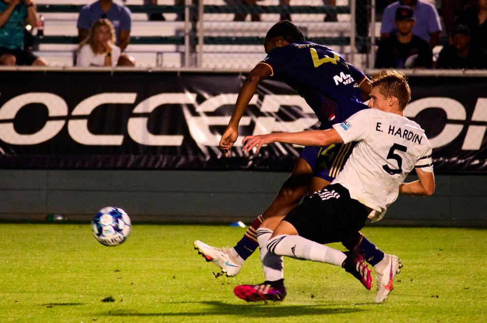 NCFC forward Thorn Simpson attacks the Fort Lauderdale CF defense on Saturday, June 5, 2021 at WakeMed Soccer Park. NCFC lost 2-1.