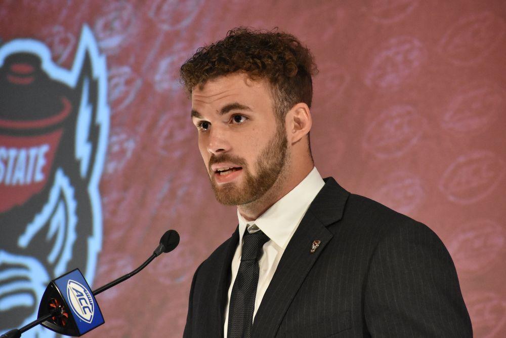Redshirt sophomore linebacker Payton Wilson stands at the podium to answer questions during the 2021 ACC Football Kickoff at the Westin Hotel in Charlotte, North Carolina on July 22, 2021.