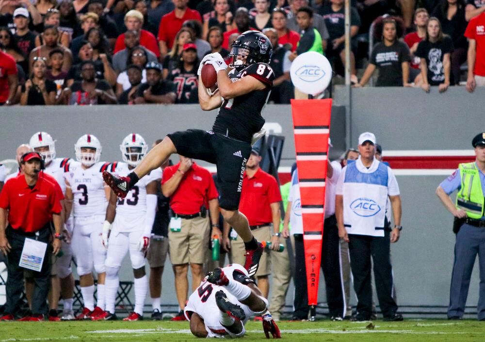 Redshirt sophomore wide receiver Thayer Thomas catches on Saturday, Sept. 21, 2019 at Carter-Finley Stadium. Thomas had four receptions and 51 receiving yards.