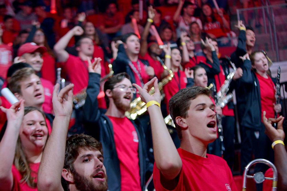 The NC State Pep Band cheers on the Wolfpack at Primetime with the Pack in Reynolds Coliseum.