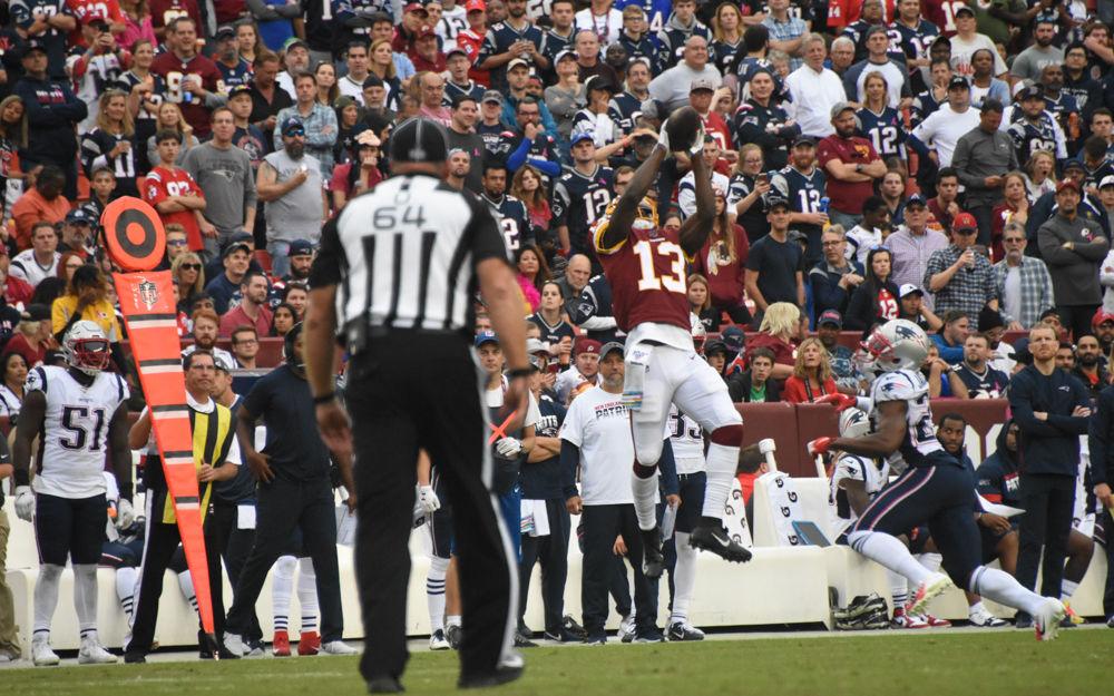 Washington football team receiver Kelvin Harmon high points a ball during the team's game against the Patriots on October 6, 2019. The Patriots won the game, 33-7.