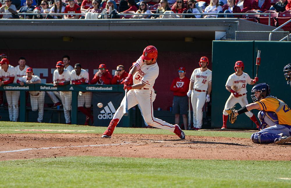 Junior infielder Austin Murr swings the bat at an incoming ball thrown by a Tennessee Tech pitcher at Doak Field on Sunday, Feb. 23, 2020. Murr had two hits and one run during the game.