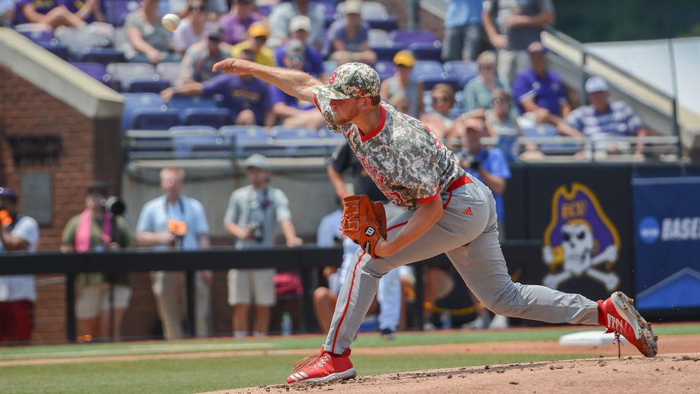 Junior pitcher Jason Parker delivers the ball against ECU on Sunday, June 2, 2019 at Clark-LeClair Stadium in Greenville. Parker pitched two and one-third innings, striking out five while giving up two earned runs on three hits and one walk in the Wolfpack&#8217;s 9-2 season-ending loss.