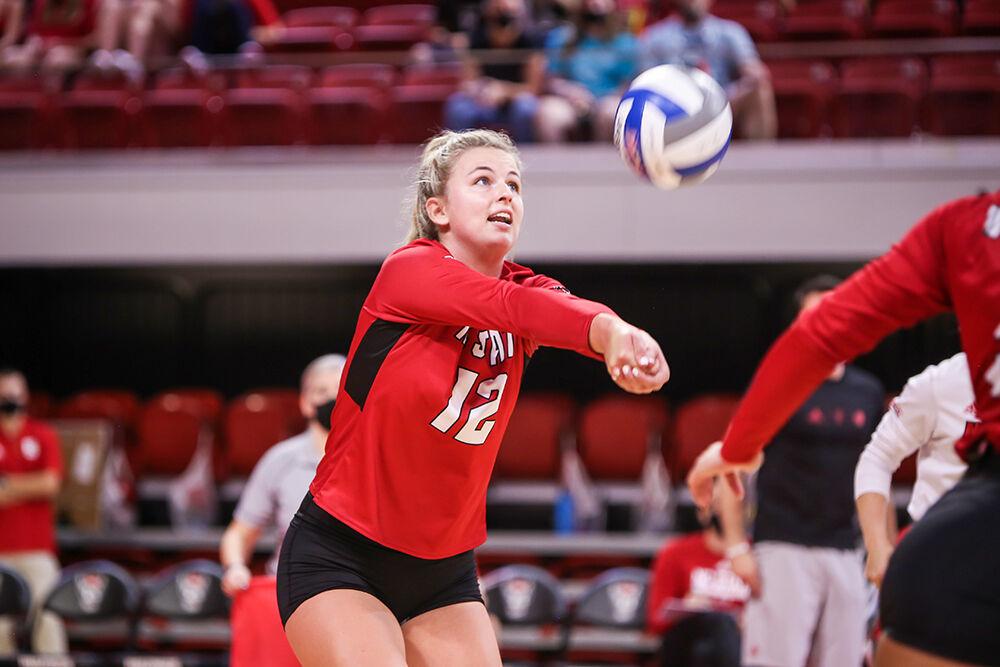 NC State Taylor Rowland passes the ball during the Wolfpack's exhibition game against the Coastal Carolina Chanticleers in Reynolds Coliseum on Saturday, August 21, 2021. Coastal Carolina defeated the Wolfpack 3-1 in the exhibition match, their first match of the season.