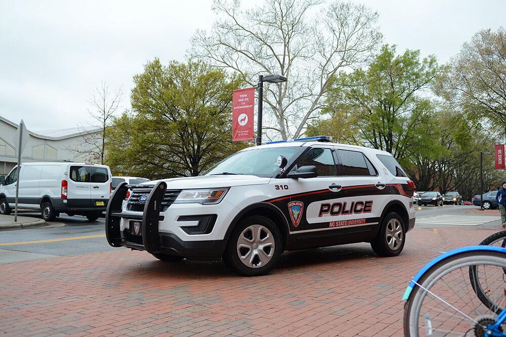 A campus police car lurks outside Talley Student Union on Monday, April 15, 2019.