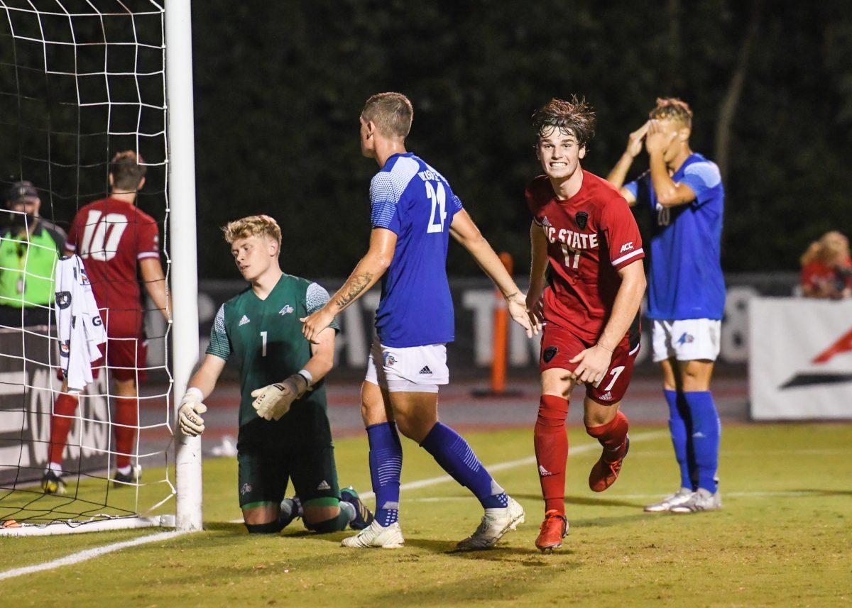 Freshman midfielder Luke Hille celebrates his second goal against UNC-Asheville on Monday, Aug. 30, 2021 at Dail Soccer Field. NC State beat UNC-Asheville 4-0.
