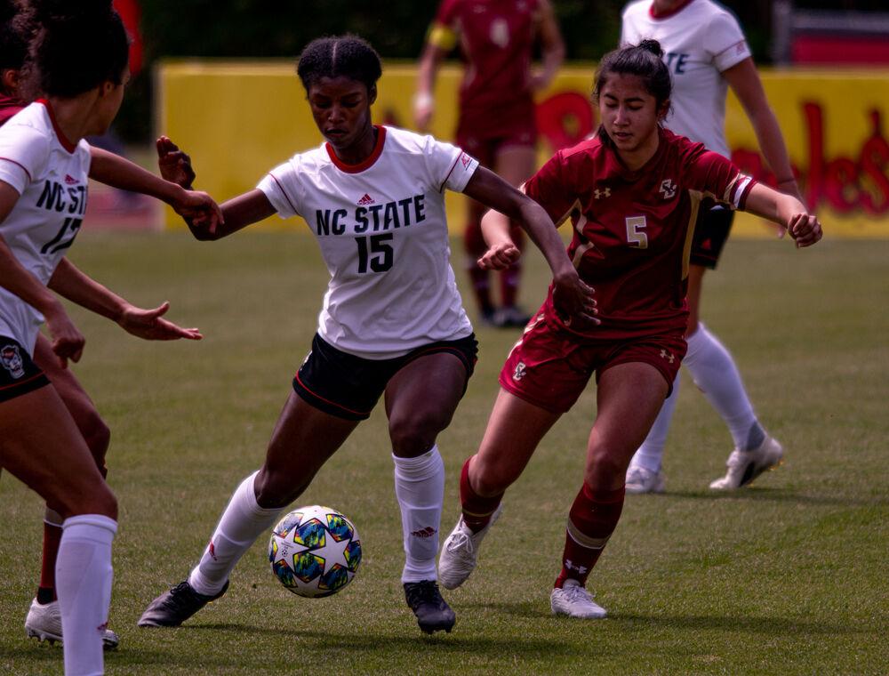Sophomore forward Jameese Joseph dribbles against Boston College on Saturday, April 17, 2021 at Dail Soccer Field. Joseph got three shots on goal as the Wolfpack won 3-1.