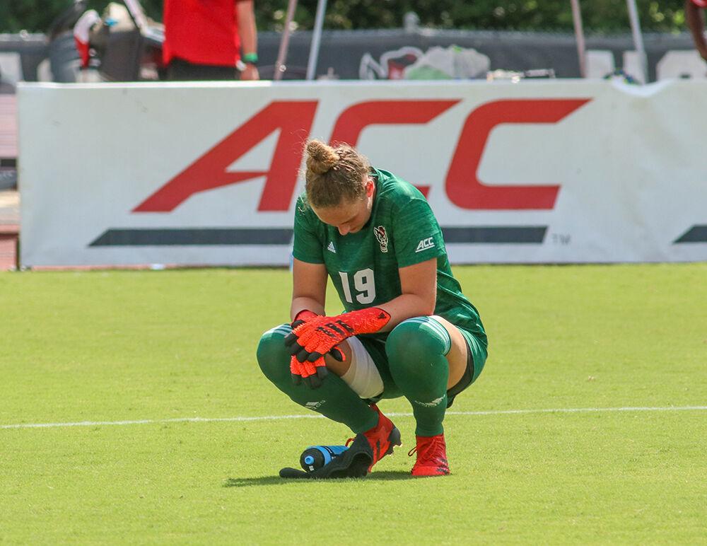NC State freshman goalkeeper Maria Echezarreta reacts after giving up a goal in the final minute of the match following the NC State Wolfpack's soccer match against the South Carolina Gamecocks at the Dail Soccer Field on Saturday, August 29, 2021. The Wolfpack lost the match 2-1 on a last-minute score by the Gamecocks.