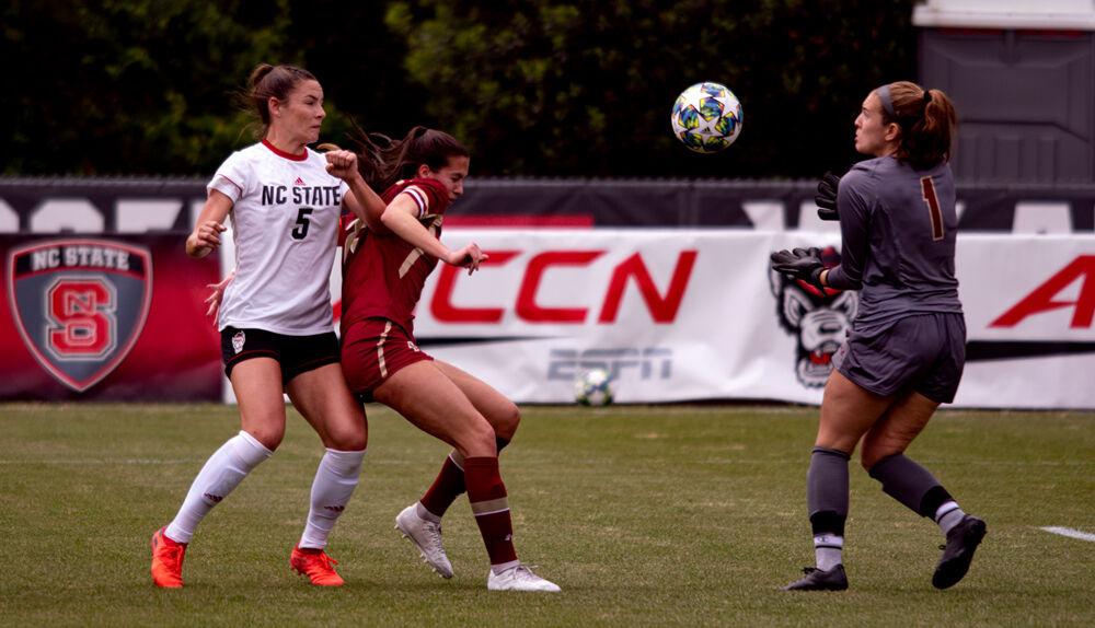 Junior defender Jenna Butler attacks the Boston College defense on Saturday, April 17, 2021 at Dail Soccer Field. The Wolfpack won 3-1.