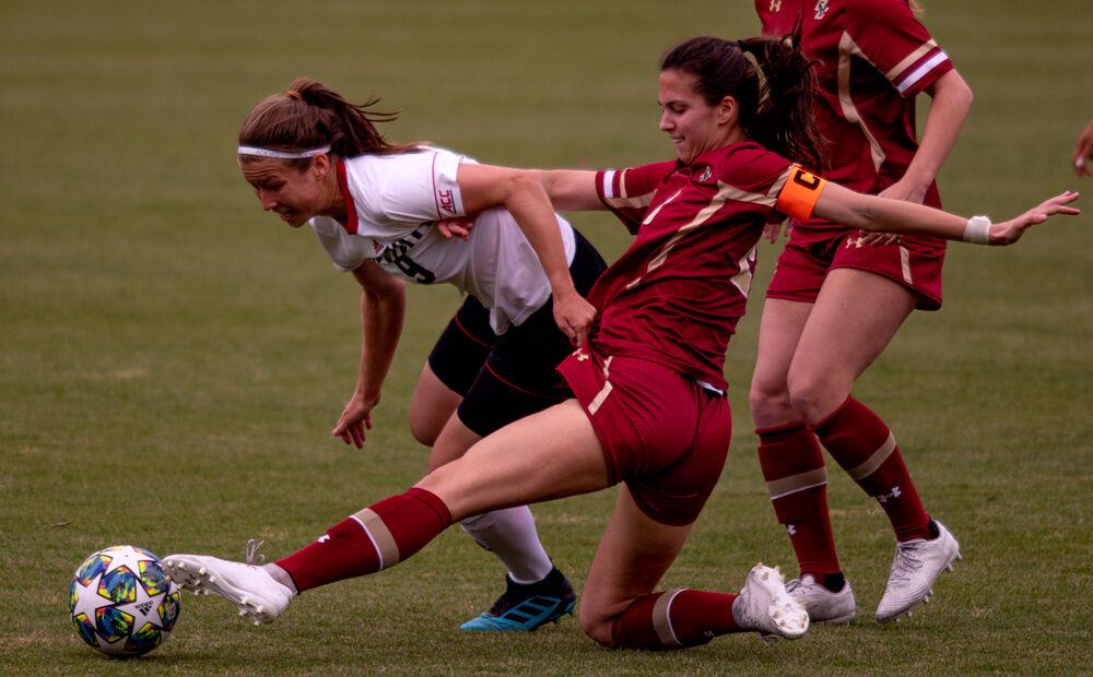 Junior midfielder Toni Starova struggles for possession against Boston College on Saturday, April 17, 2021 at Dail Soccer Field. Starova scored twice as the Wolfpack won 3-1.