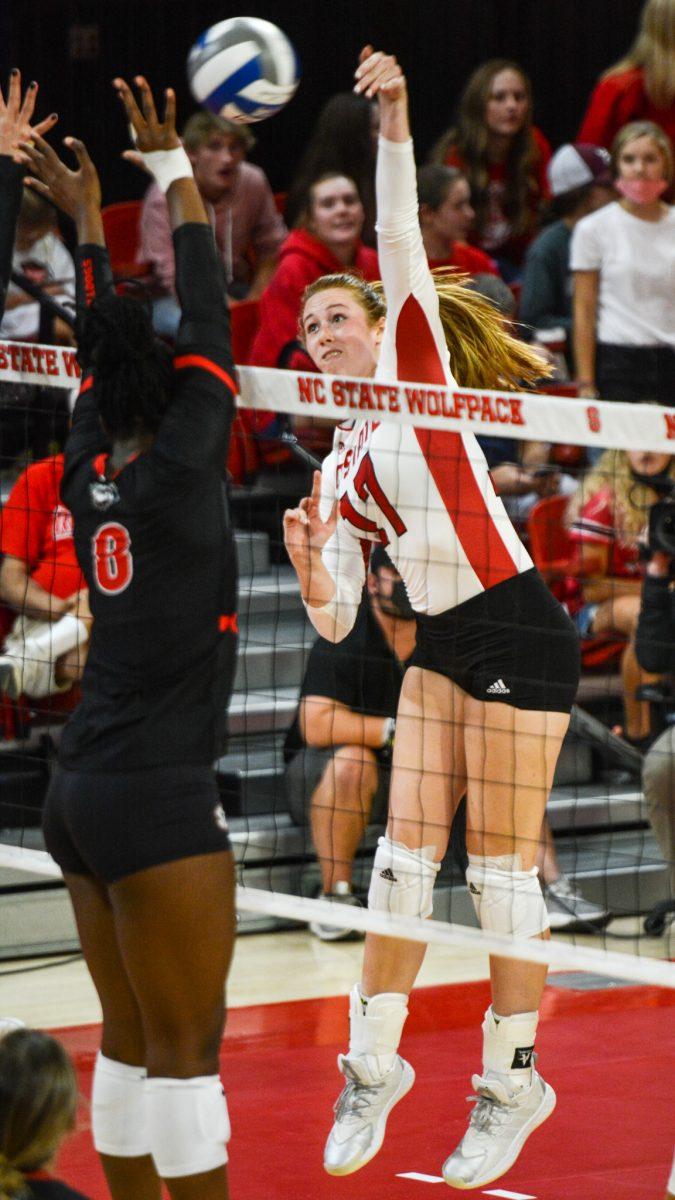 Freshman opposite hitter Amanda Rice spikes the ball during the game versus the Georgia Bulldogs on Thursday, Sep. 16, 2021 in Reynolds Coliseum. Rice had 8 kills against Georgia. The Wolfpack beat the Bulldogs 3-1.