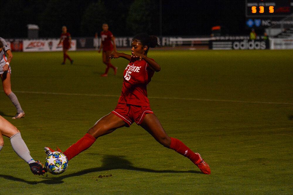 Sophomore foward Jameese Joseph traps the ball in NC State's game against Clemson on Thursday, Sept. 23, 2021 at Dail Soccer Stadium. Jameese had one shot during the Wolfpack's 2-1 Loss to the Tigers.