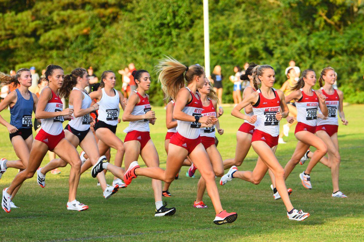 NCSU women's XC starts the race side-by-side at the Adidas XC Challenge on Friday, Sept. 17, 2021 at Wake Med Soccer Park. The women won overall with a total of 15 points in the race.
