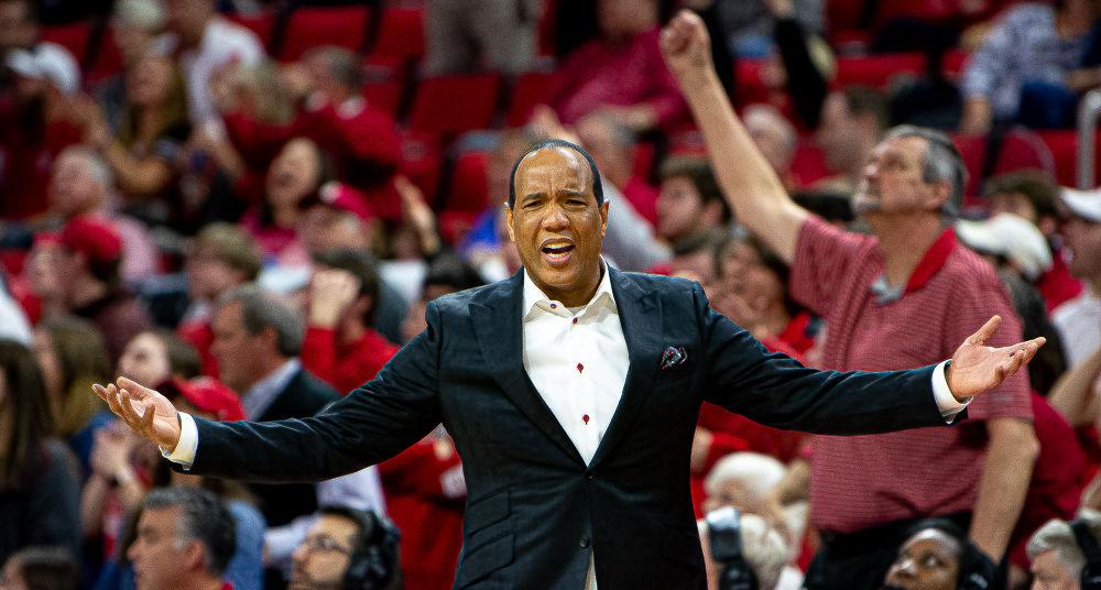 Head coach Kevin Keatts reacts toward a referee during the game against Pittsburgh on Saturday, Feb. 29, 2020 at PNC Arena. The Wolfpack won 77-73.