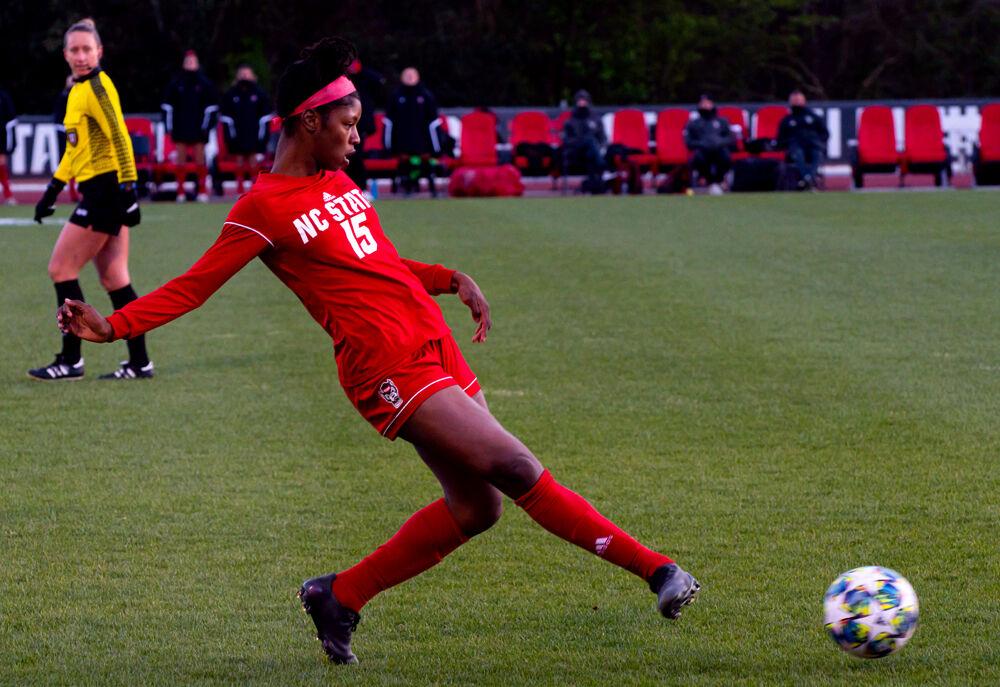 Sophomore forward Jameese Joseph passes against Duke on Friday, April 2, 2021 at Dail Soccer Field. The Wolfpack lost 1-0.