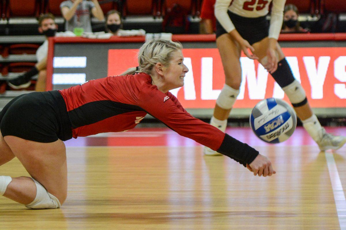 Graduate libero Kaylee Frazier digs a spike from the Bulldogs in the NC State versus Georgia game on Thursday, Sep. 16, 2021 in Reynolds Coliseum. Frazier had 11 digs in the match. The Wolfpack beat the Bulldogs 3-1.