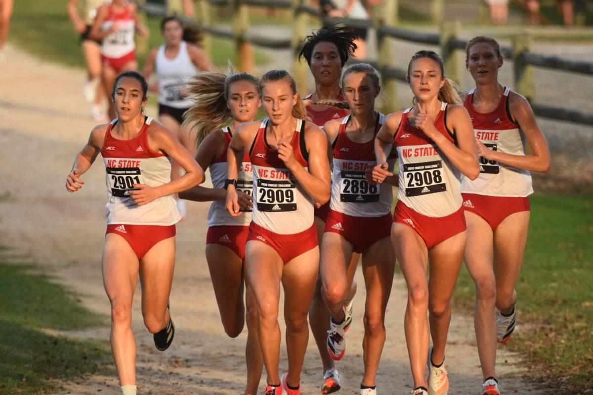 NC State's women's cross country team leads the Adidas XC Challenge at Wake Med Soccer Park on Friday, Sept. 17, 2021. The team placed first with all 10 athletes finishing in the top 14 competitors.