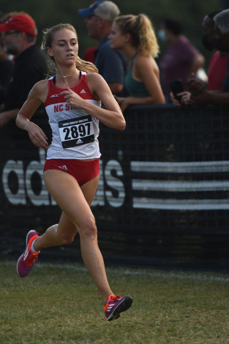 Junior Sam Bush finishes the Adidas XC Challenge at Wake Med Soccer Park on Friday, Sept. 17, 2021. Bush finished the race 3rd with a time of 16:41.3. The NC State women's team placed first in the 5k race.