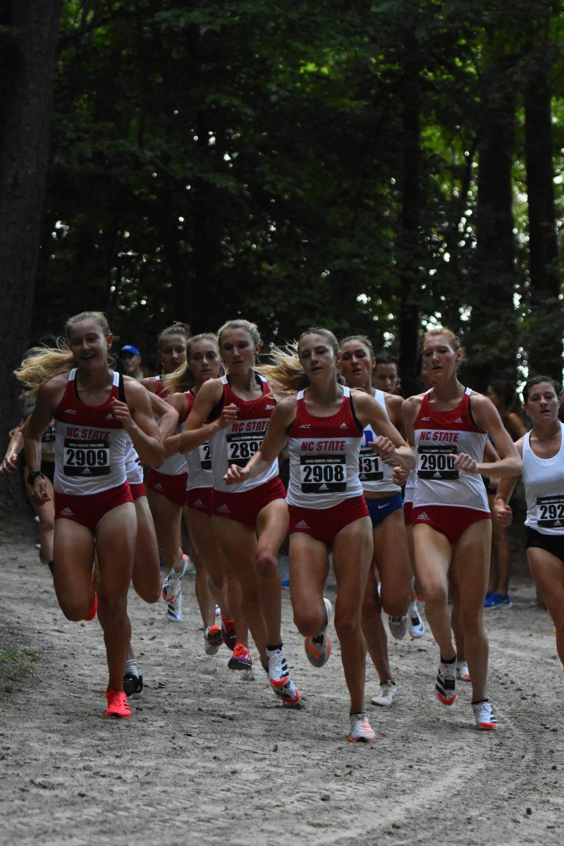 NC State's women's cross country team leads the Adidas XC Challenge at Wake Med Soccer Park on Friday, Sept. 17, 2021. The Wolfpack came in first place with only 15 points averaging 16:39.62 minutes for the 5k run.