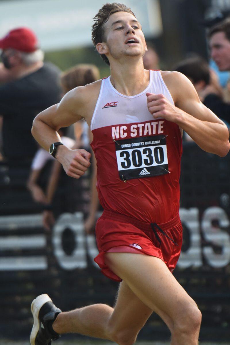Sophomore Brett Gardner from NC State crosses the finish line in the Adidas XC Challenge at Wake Med Soccer Park on Friday, Sept. 17, 2021. Gardner was the Wolfpack's top finisher coming in third overall with a time of 17:54.0.