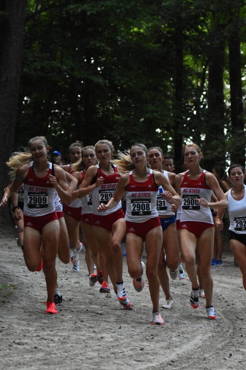 NC State's women's cross country team leads the Adidas XC Challenge at Wake Med Soccer Park on Friday, Sept. 17, 2021. The Wolfpack came in first place with only 15 points averaging 16:39.62 minutes for the 5k run.