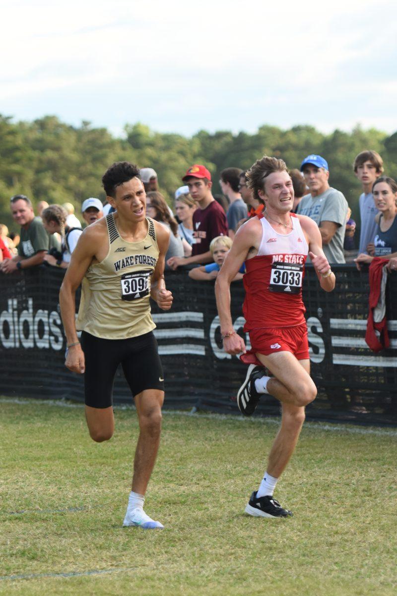 Redshirt junior Nate Kawalec sprints to the finish just beating out freshman Niall Ryan from Wake Forest in the Adidas XC Challenge at Wake Med Soccer Park on Friday, Sept. 17, 2021. Kawalec finished 10th with a time of 18:13.5.