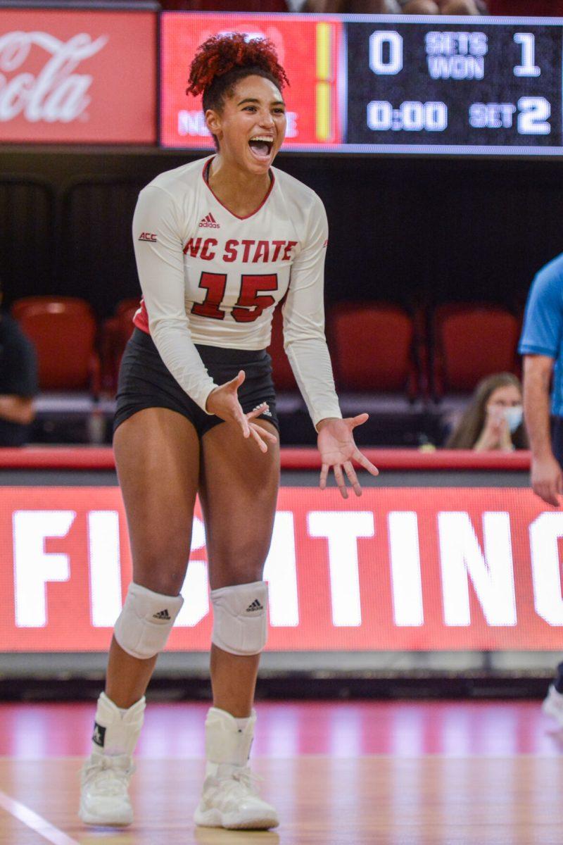 Senior outside hitter Jade Parchment celebrates during the match on Thursday, Sept. 16, 2021 against the Georgia Bulldogs in Reynolds Coliseum. Parchment had 25 points during NC State's 3-1 win over the Bulldogs.