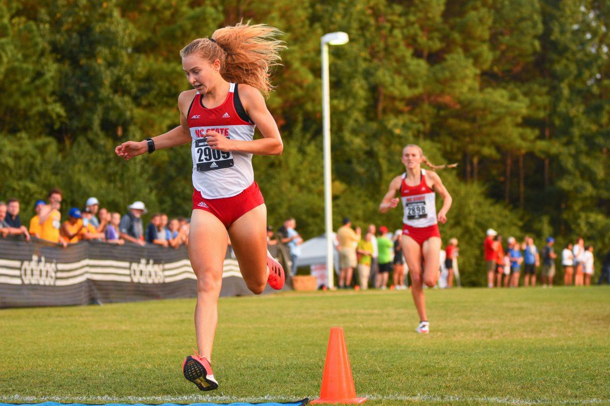 The Wolfpack's sophomore Katelyn Tuohy crosses the finish line in first place at the Adidas XC challenge at Wake Med Soccer Park on Friday, Sept. 17, 2021. Tuohy finished with the fastest time of 16:29.6, and helped the women's team score first overall.