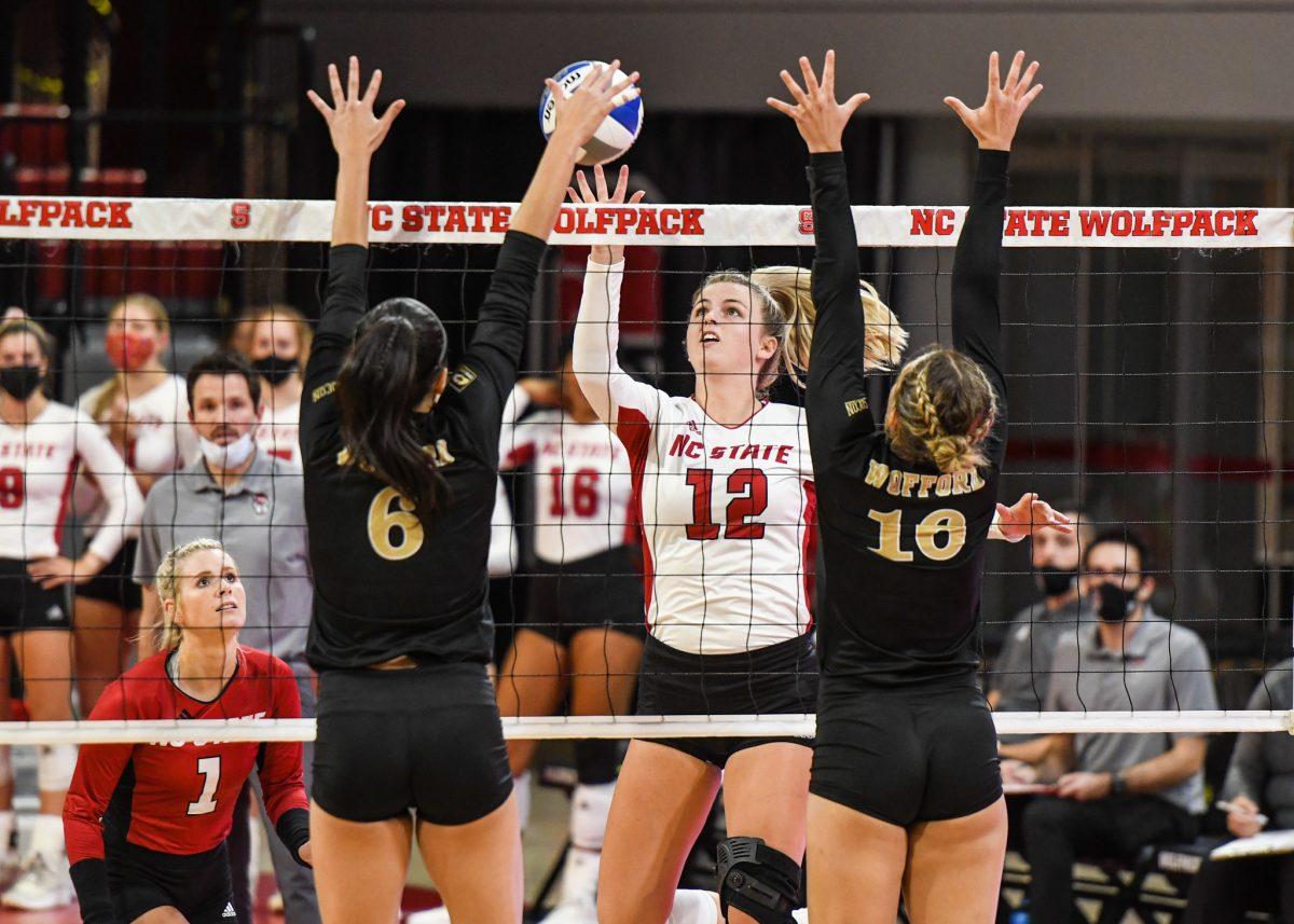 Redshirt junior outside hitter Taylor Rowland looks to score during the game versus the Wofford Terriers on Friday, Sep. 3, 2021 in Reynolds Coliseum. Rowland had 13 kills against Wofford. The Wolfpack beat the Terriers 3-0.