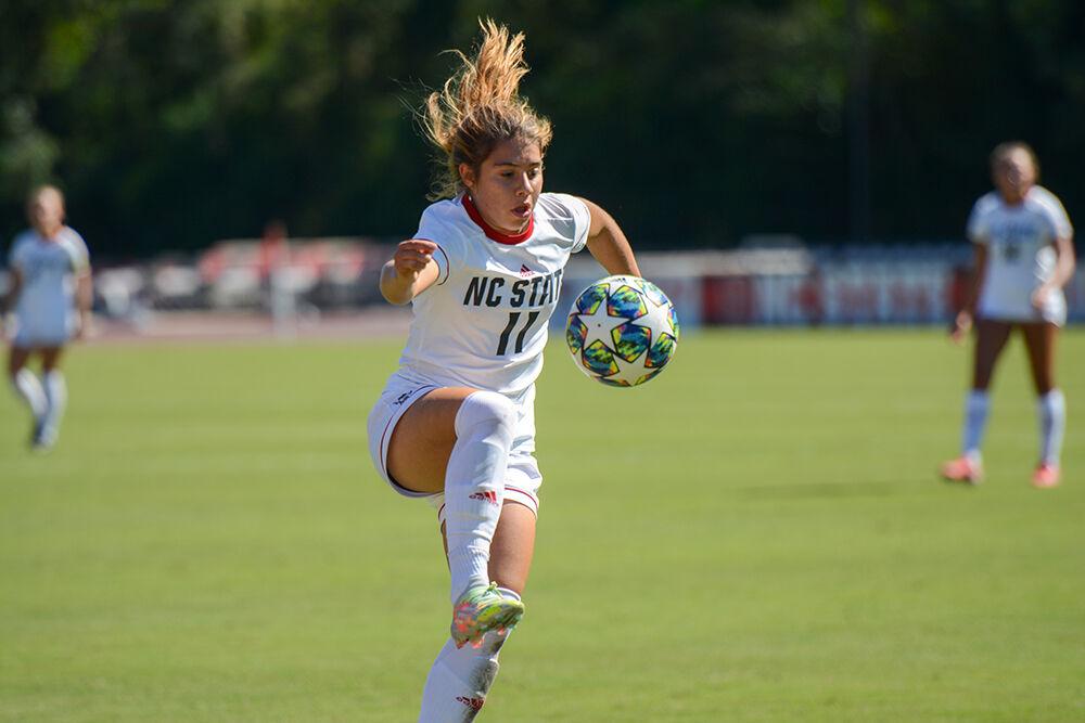 Freshman defender Fernanda Soto prepares to kick the ball on Sunday, Sept. 26, 2021 at Dail Soccer Field. NC State lost to Virginia 2-1.
