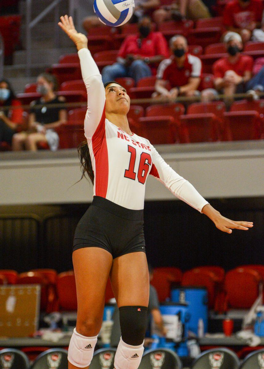 Freshman middle blocker Jada Allen serves the ball during the Wolfpack's game against the Terriers on Friday, Sept 3, 2021. Allen had 4 kills against Wofford in NC States 3-0 win.