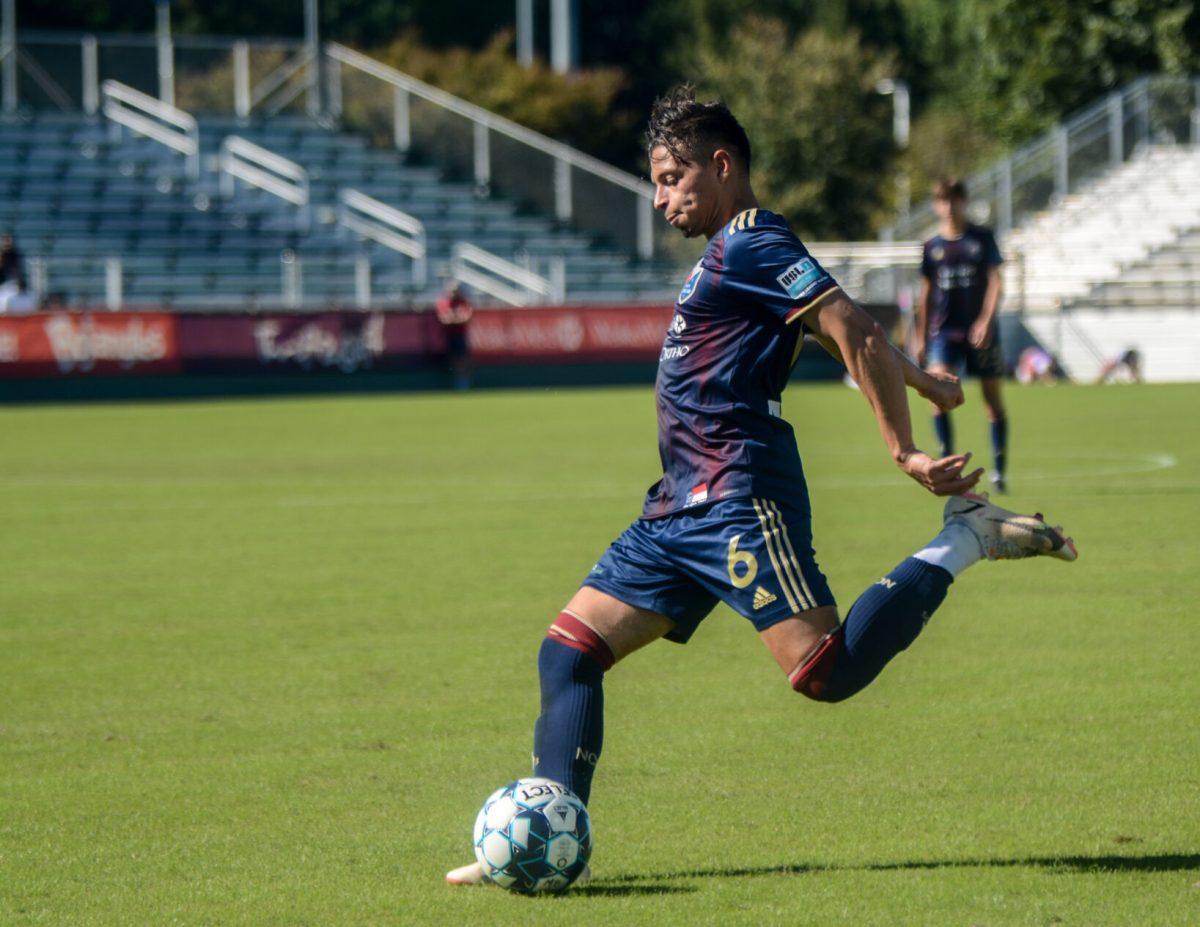 North Carolina FC defender Nelson Flores passes the ball during the NCFC versus North Texas game on Sunday, Sept. 26, 2021 at Sahlen's Stadium in WakeMed Soccer Park. Nelson had 52 passes. North Texas beat NCFC 1-0.