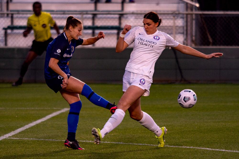 North Carolina Courage defender Kaleigh Kurtz clears the ball against the Orlando Pride on Saturday, May 1, 2021 at WakeMed Soccer Park. The match ended 0-0.