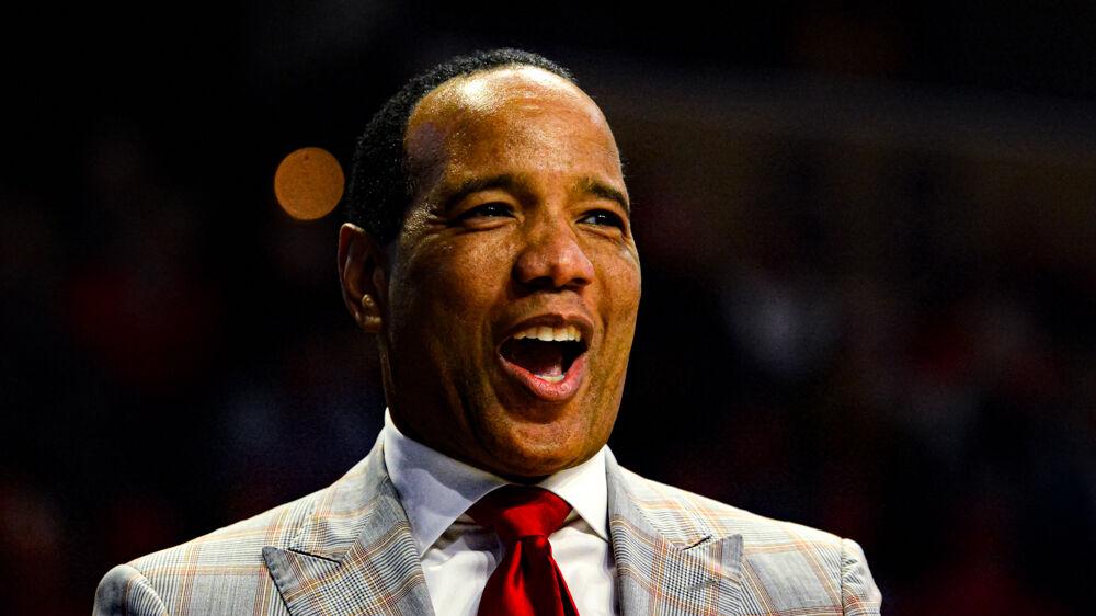Head coach Kevin Keatts reacts during an offensive possession against Wake Forest on Saturday, Dec. 7, 2019 at Lawrence Joel Veterans Memorial Coliseum. The Wolfpack won 91-82.