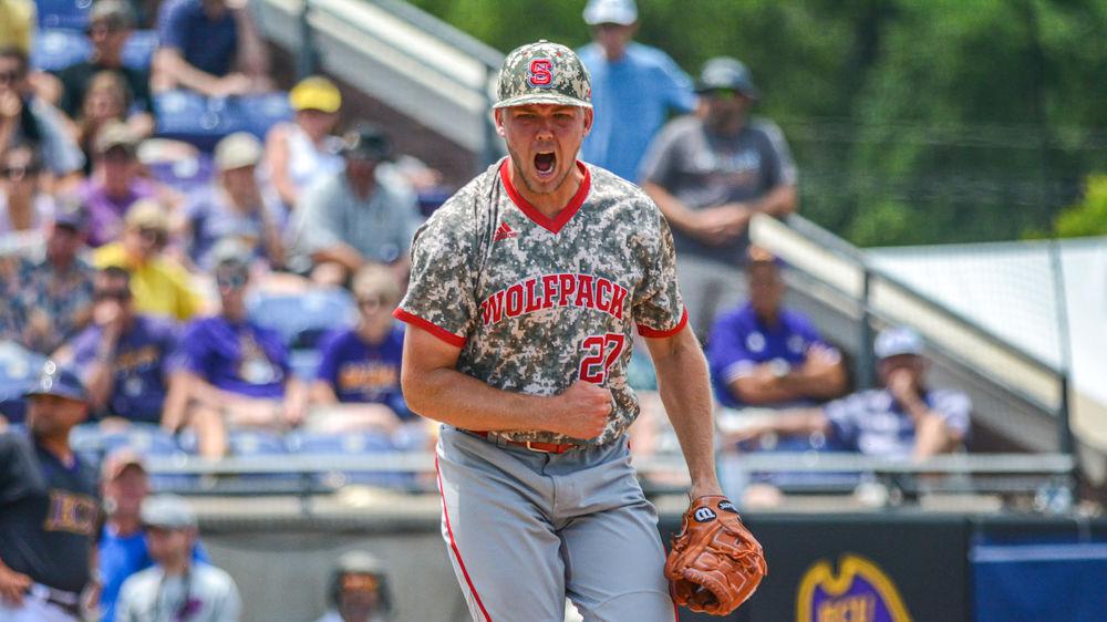 Junior pitcher Jason Parker celebrates getting a strikeout against ECU on Sunday, June 2, 2019 at Clark-LeClair Stadium in Greenville. Parker pitched two and one-third innings, striking out five while giving up two earned runs on three hits and one walk in the Wolfpack&#8217;s 9-2 season-ending loss.