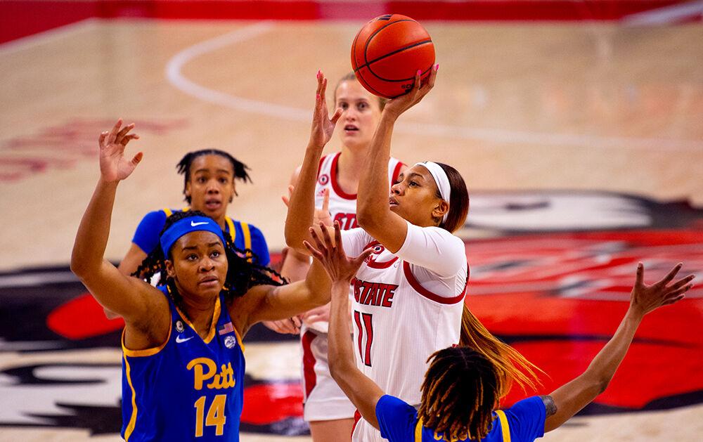 Sophomore wing Jakia Brown-Turner attacks the basket against Pittsburgh on Thursday, Feb. 25, 2021 at Reynolds Coliseum. Brown-Turner recorded 14 points and five rebounds as the Wolfpack won 83-53.