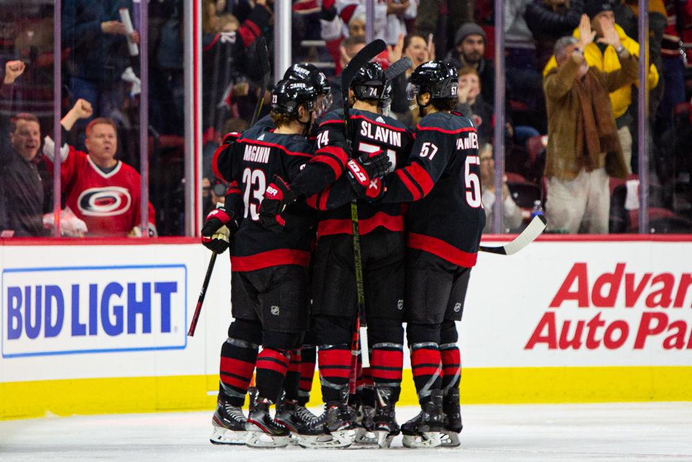 Hurricanes celebrate their first goal of the game in the second period versus the Rangers on Friday, Feb. 21, 2020 at PNC Arena.