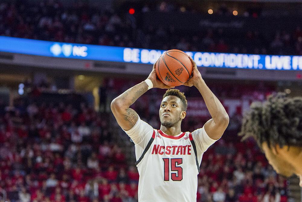 Redshirt freshman forward Manny Bates shoots a free throw against Pittsburgh on Saturday, Feb. 29, 2020 at PNC Arena. Bates recorded 13 points, 10 rebounds and five blocks as the Wolfpack won 77-73.