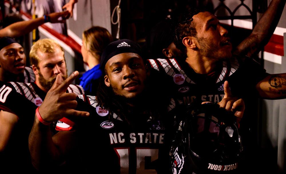 Sophomore wide receiver Keyon Lesane celebrates the win over Louisiana Tech on Saturday, Oct. 2, 2021 at Carter-Finley Stadium. The Wolfpack won 34-27.