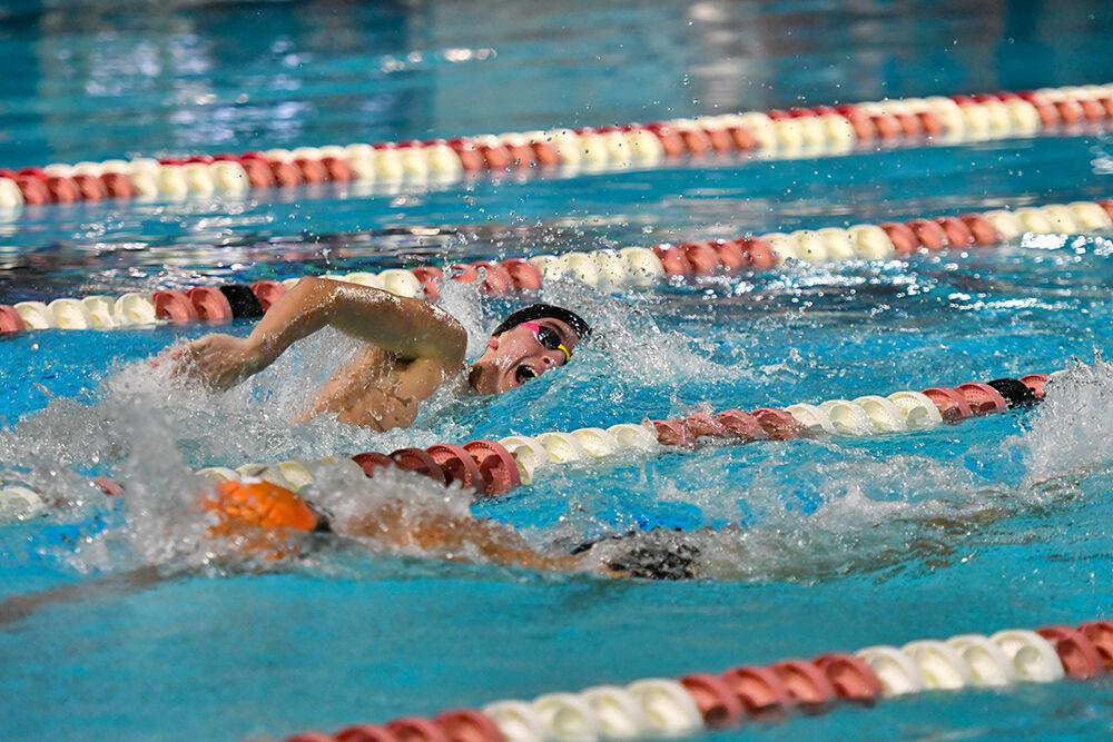 Sophomore Owen Lloyd swims in the men's 400 yard IM on October 16, 2021 at the Willis R. Casey Aquatic Center. Lloyd finished in first place with a time of 3:59:75.&#160;The Wolfpack men beat the Tennessee Volunteers 205-95.