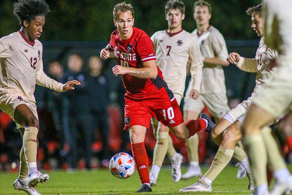Redshirt junior midfielder AJ Seals goes after the ball during the game against Boston College. NC State took down Boston College 1-0 in the second overtime period in Dail Soccer Stadium on Friday, Oct. 29, 2021.